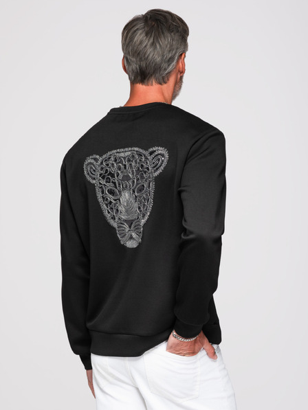 Ombre Clothing Мъжки суитшърт със сребърна и черна аплика пантера на гърба с кръгло деколте - черен V1 OM-SSNZ-0274 Ombre Clothing