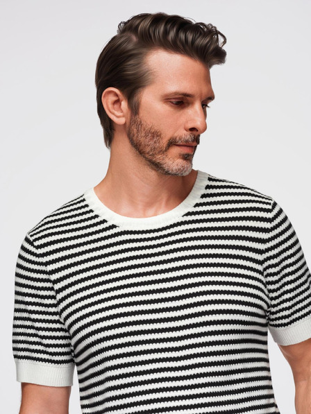 Ombre Clothing Мъжка моряшка раирана плетена тениска с ажурна плетка - черно-бяла