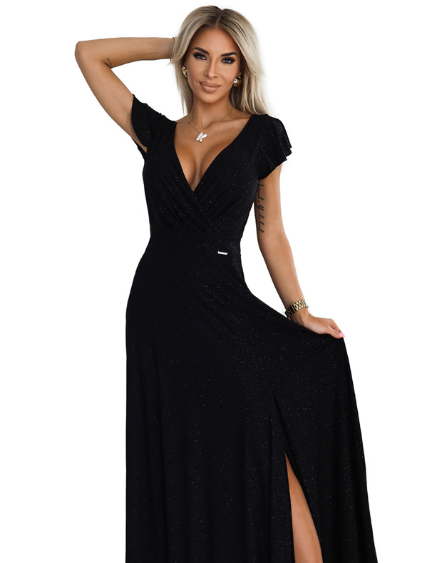 numoco Блестяща дълга рокля с деколте - черна Numoco CRYSTAL
