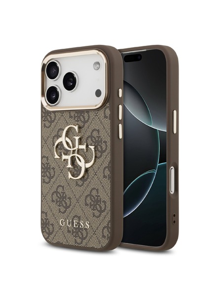 Guess Guess PU Leather 4G Metal Logo Gold Frame Заден калъф за iPhone 17 Pro Max Brown