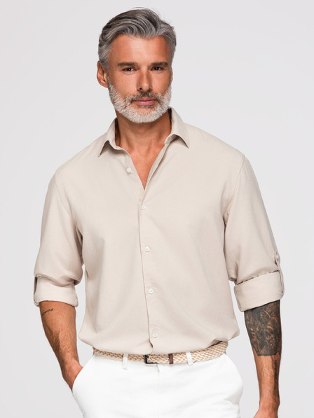 Ombre Clothing Мъжка риза от вискоза и лен, regular крой – бежова V1 OM-SHCS-0190 Ombre Clothing
