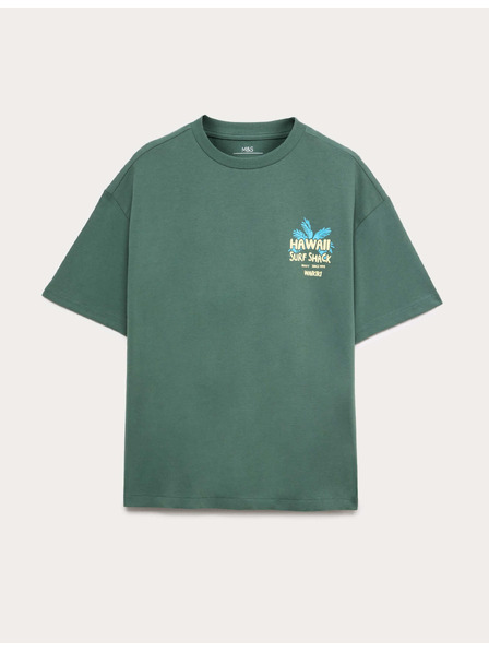 Marks & Spencer Тениска от чист памук с графика на серфиране на Хавай (6–16 години) Marks & Spencer зелена