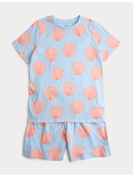 Marks & Spencer Къса детска свободна пижама от чист памук (1–16 години) Marks & Spencer синя