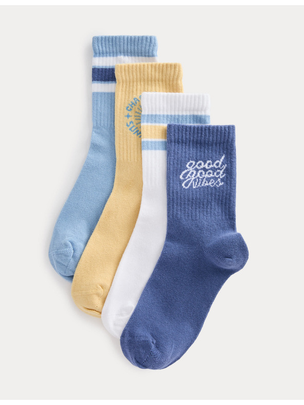 Marks & Spencer Раирани чорапи Good Vibes с висок процент памук, 4 двойки (6 малък – 7 голям) Marks & Spencer син