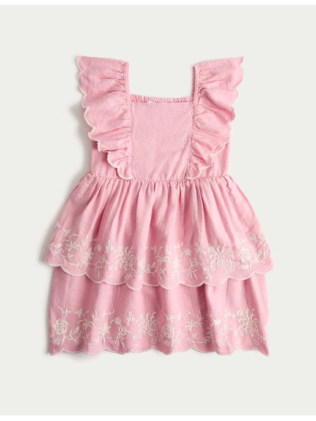 Marks & Spencer Рокля от волан с цветна бродерия и висок процент лен (2–10 години) Marks & Spencer розова