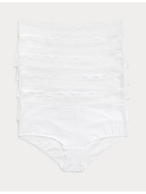 Marks & Spencer Дантелени миди бикини от памук с lycra, 5 бр. в опаковка Marks & Spencer бяла