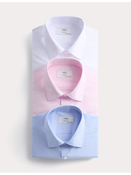 Marks & Spencer Риза тесен крой с дълъг ръкав, лесно глаждане, 3 чифта Marks & Spencer синьо