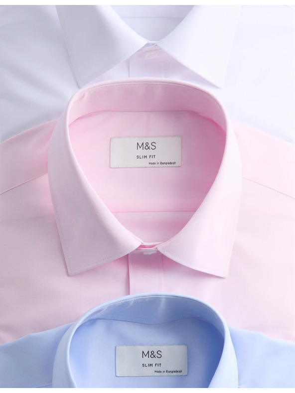 Marks & Spencer Риза тесен крой с дълъг ръкав, лесно глаждане, 3 чифта Marks & Spencer синьо