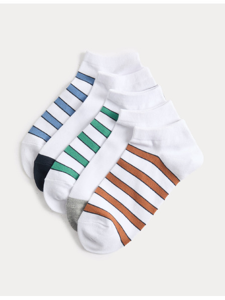 Marks & Spencer Къси раирани чорапи Trainer Liners™ с технология Cool & Fresh™ и високо съдържание на памук, комплект 5 чифта Marks & Spencer бяло