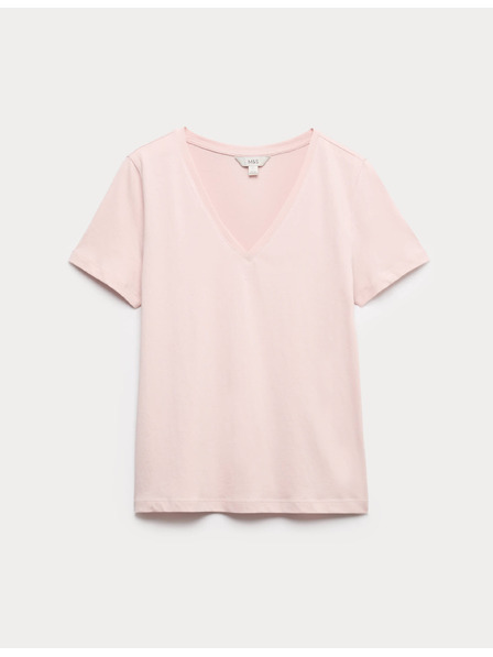 Marks & Spencer Тениска от чист памук с V-образен деколте Marks & Spencer розова
