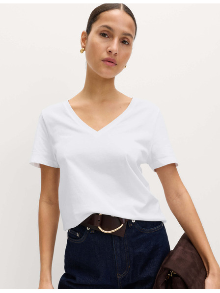 Marks & Spencer Тениска от чиста памучна материя с V-образно деколте Marks & Spencer бяло