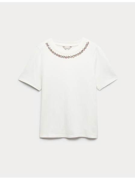 Marks & Spencer Украшена цветна тричка от чист памук Marks & Spencer бяло