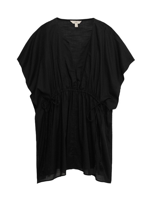 Marks & Spencer Мини рокля-кафтан от чист памук с декоративно вързване Marks & Spencer черна