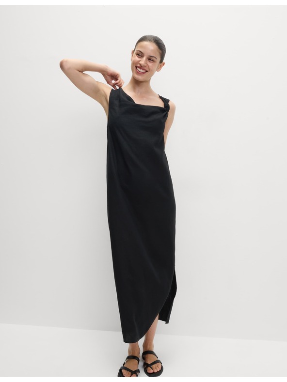 Marks & Spencer Текаща макси рокля с висок дял лен и връзване у врата Marks & Spencer черна