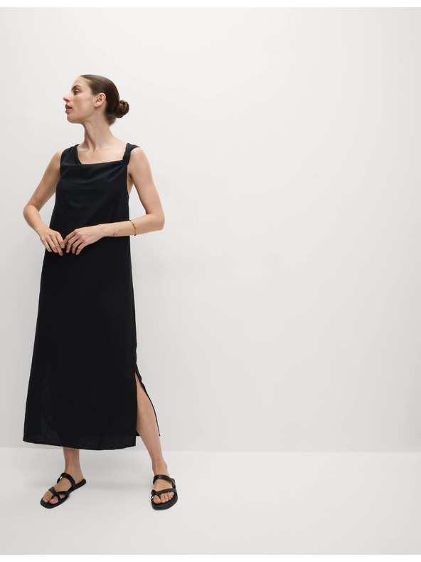 Marks & Spencer Текаща макси рокля с висок дял лен и връзване у врата Marks & Spencer черна