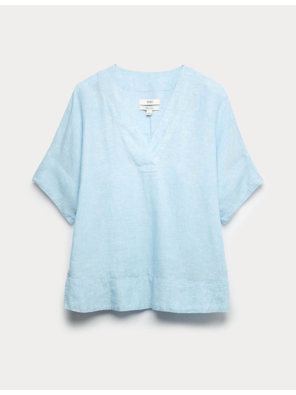 Marks & Spencer Топ Popover от чист лен с V деколте Marks & Spencer синя