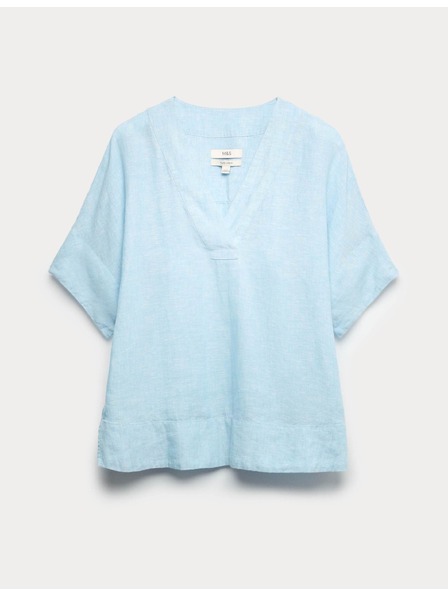 Marks & Spencer Топ Popover от чист лен с V деколте Marks & Spencer синя