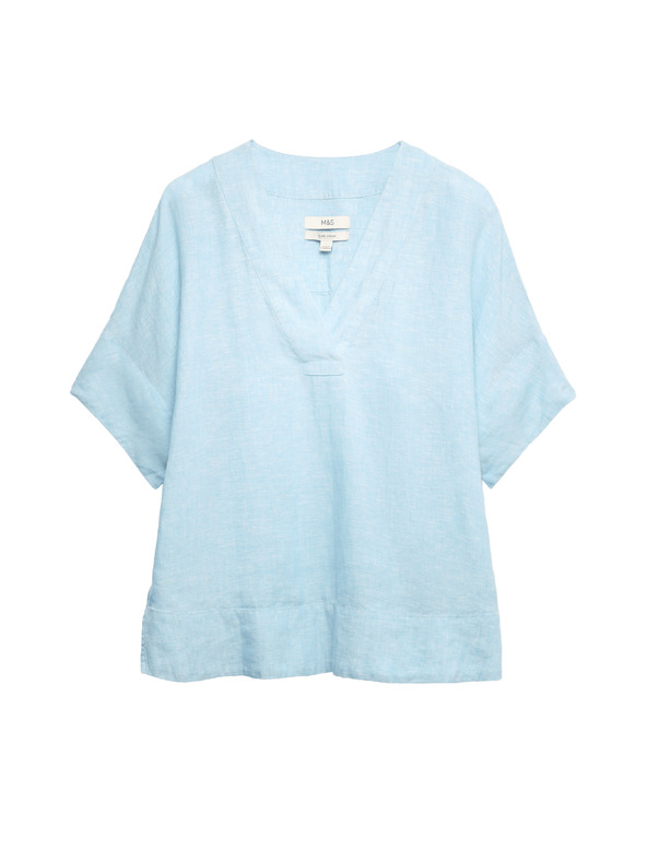 Marks & Spencer Топ Popover от чист лен с V деколте Marks & Spencer синя