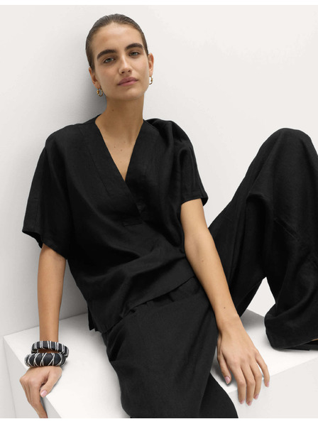 Marks & Spencer Топ Popover от чист лен с V деколте Marks & Spencer черна