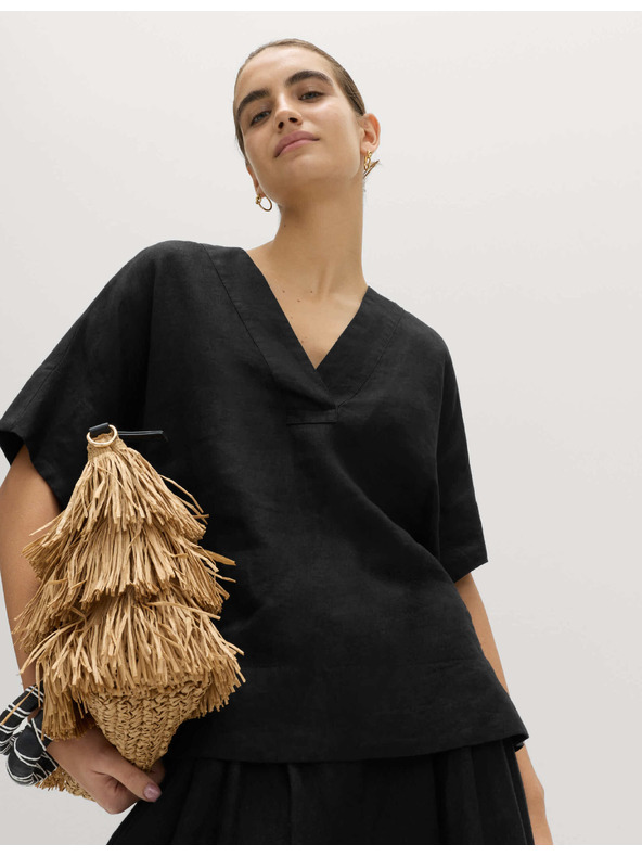 Marks & Spencer Топ Popover от чист лен с V деколте Marks & Spencer черна