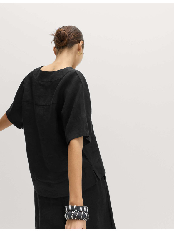 Marks & Spencer Топ Popover от чист лен с V деколте Marks & Spencer черна