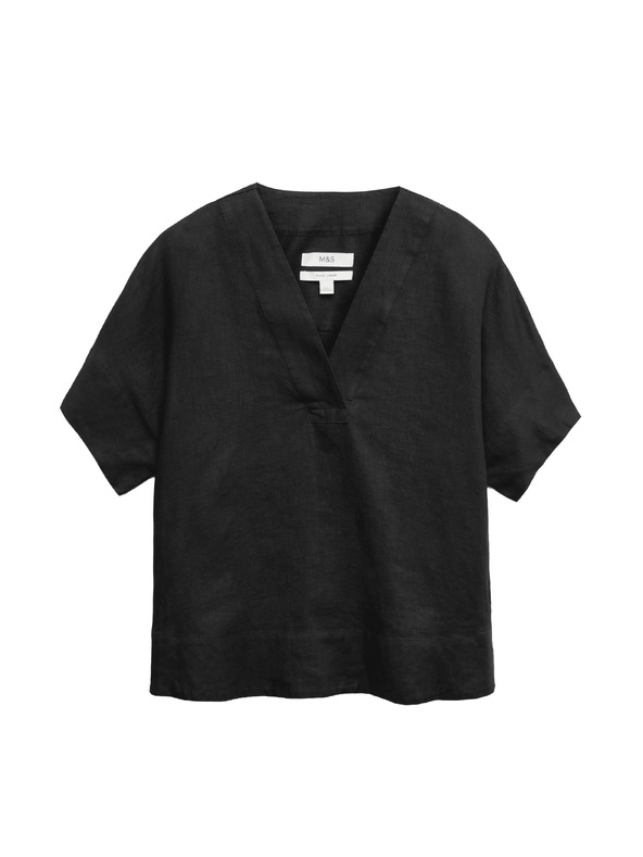 Marks & Spencer Топ Popover от чист лен с V деколте Marks & Spencer черна