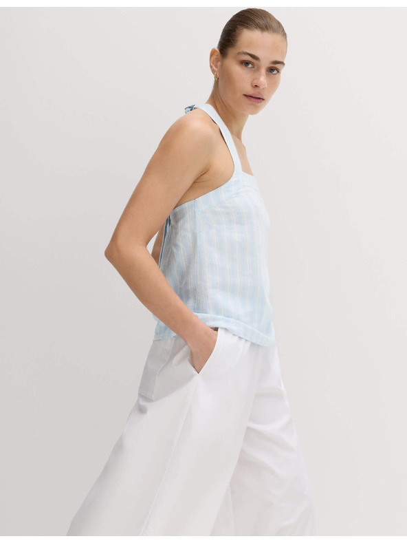Marks & Spencer Топ с принт, висок дял лен и връзване зад врата Marks & Spencer синя