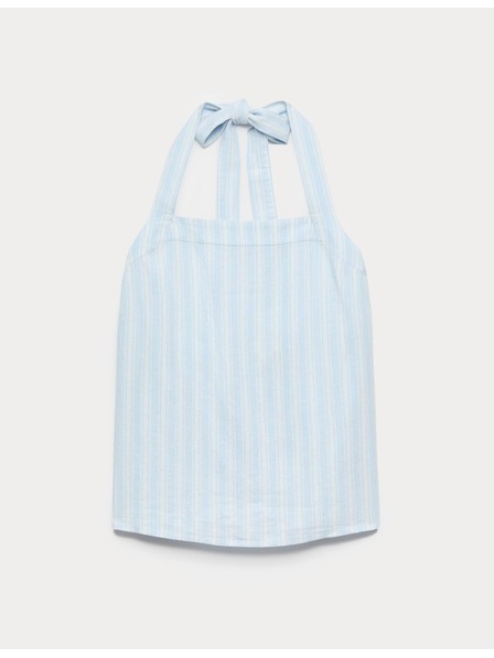 Marks & Spencer Топ с принт, висок дял лен и връзване зад врата Marks & Spencer синя