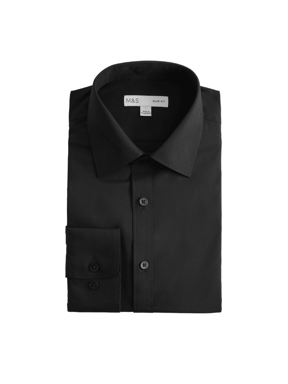 Marks & Spencer Черна риза с тесен силует, лесна за гладене Marks & Spencer