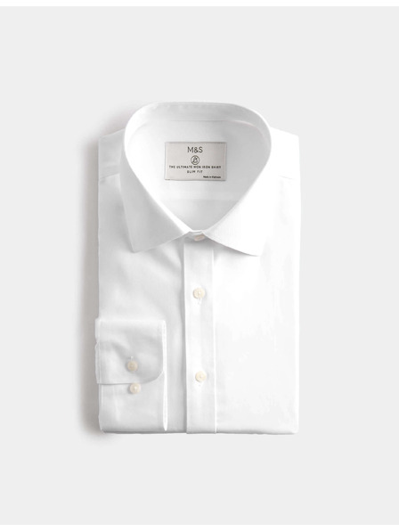 Marks & Spencer Памучна риза с тесен силует с незабавна грижа Marks & Spencer бяла