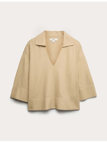 Marks & Spencer Скъсен топ с яка и висок дял лен Marks & Spencer бежова