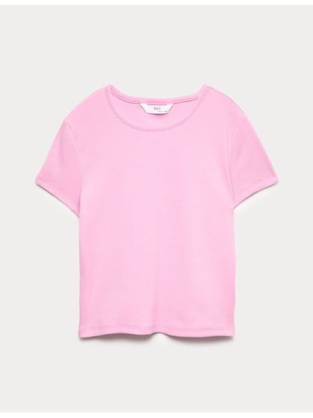 Marks & Spencer Детска рипсирана тениска от чист памук (6–16 години) Marks & Spencer розова