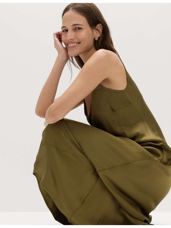 Marks & Spencer Сатенена макси еластична рокля с овално деколте Marks & Spencer зелена