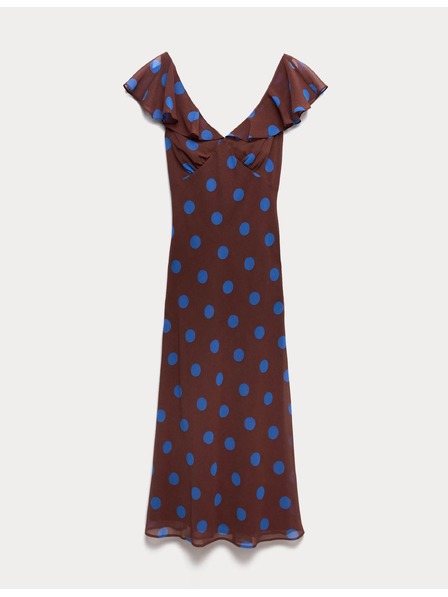 Marks & Spencer Пунктирана миди тясна рокля с волан ръкави и V деколте Marks & Spencer кафява