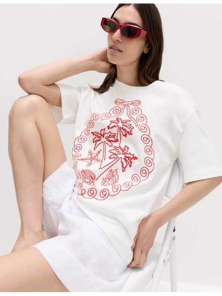 Marks & Spencer Oversized тениска с графика от чист памук Marks & Spencer бяла