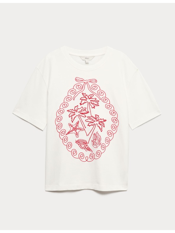 Marks & Spencer Oversized тениска с графика от чист памук Marks & Spencer бяла