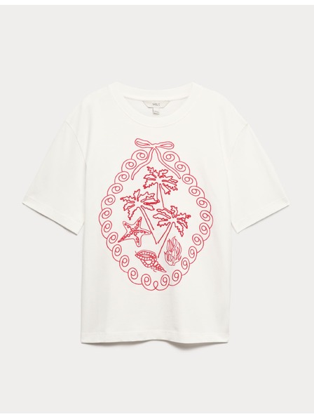 Marks & Spencer Oversized тениска с графика от чист памук Marks & Spencer бяла