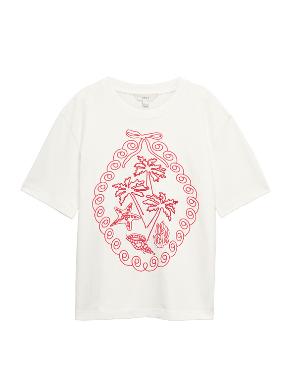 Marks & Spencer Oversized тениска с графика от чист памук Marks & Spencer бяла