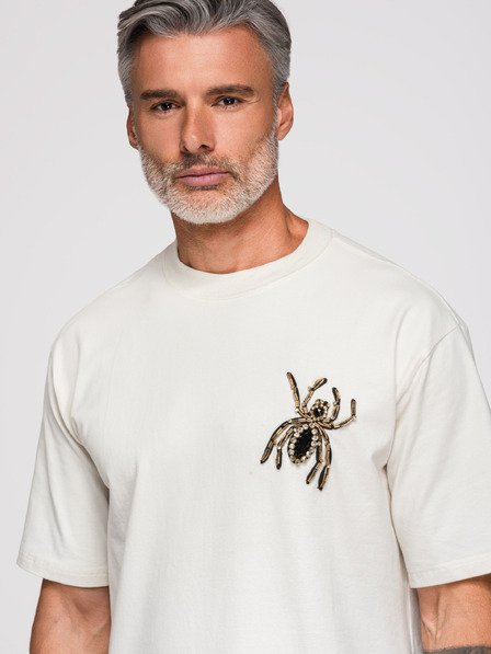 Ombre Clothing Мъжка тениска с аплика паяк от камъчета и златни мъниста – слонова кост V2 OM-TSCT-0277 Ombre Clothing