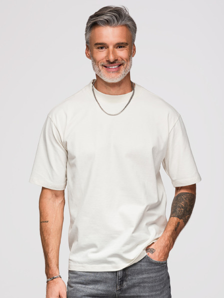 Ombre Clothing Мъжка тениска свободен срез със сребристо-черна аплика пантера от пайети и мъниста на гърба – счупена бяла V2 OM-TSCT-0279 Ombre Clothing