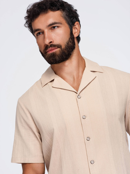 Ombre Clothing Мъжка памучна риза с кубински яка – светлокафяв V1 OM-SHSS-0221 Ombre Clothing