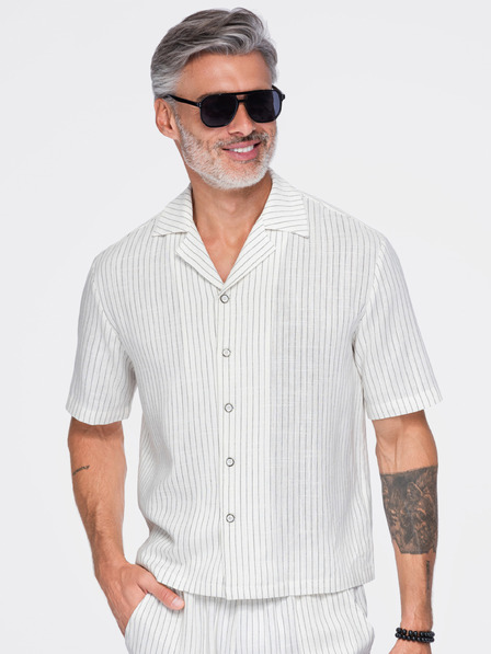 Ombre Clothing Мъжка райета риза regular кройка от вискоза и лен с кубински яка – слонова кост V1 OM-SHSS-0222 Ombre Clothing