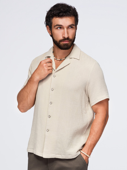 Ombre Clothing Мъжка муселинена риза с кубински яка – бежов V1 OM-SHSS-0223 Ombre Clothing
