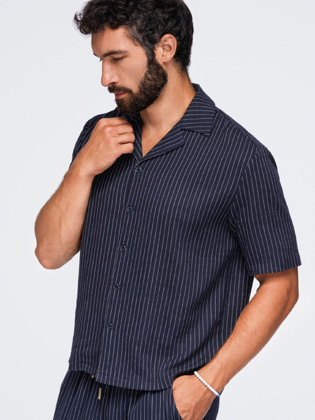 Ombre Clothing Мъжка райета риза regular кройка от вискоза и лен с кубински яка – тъмносин V2 OM-SHSS-0222 Ombre Clothing