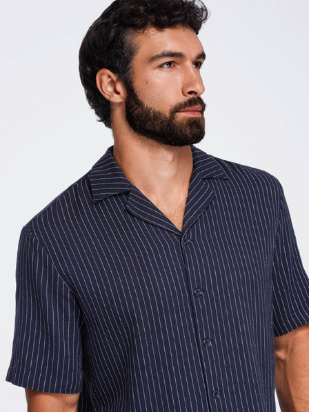 Ombre Clothing Мъжка райета риза regular кройка от вискоза и лен с кубински яка – тъмносин V2 OM-SHSS-0222 Ombre Clothing