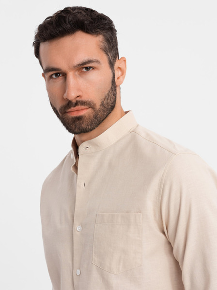 Ombre Clothing Мъжка ленена риза със стойче и джоб, REGULAR FIT кройка – кремава V3 K704 Ombre Clothing