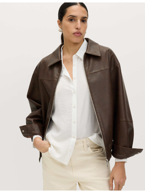 Marks & Spencer Кожена bomber куртка с яка от состарена кожа Marks & Spencer кафява