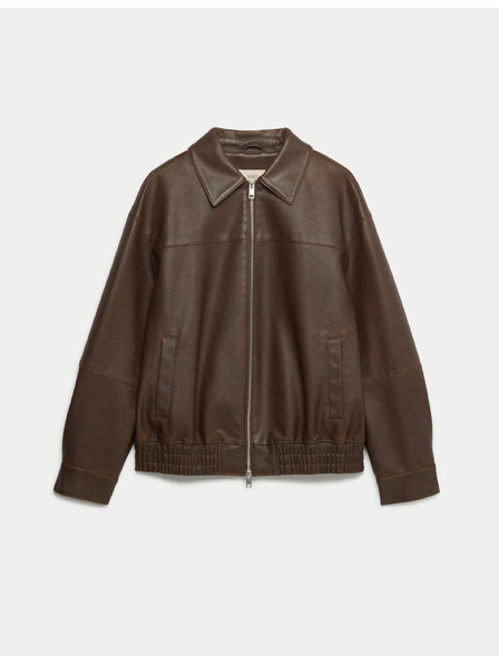 Marks & Spencer Кожена bomber куртка с яка от состарена кожа Marks & Spencer кафява