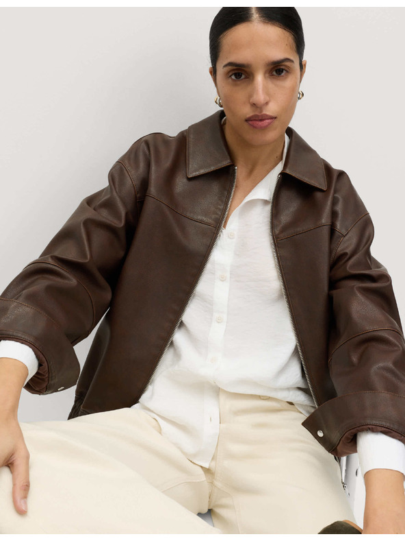 Marks & Spencer Кожена bomber куртка с яка от состарена кожа Marks & Spencer кафява