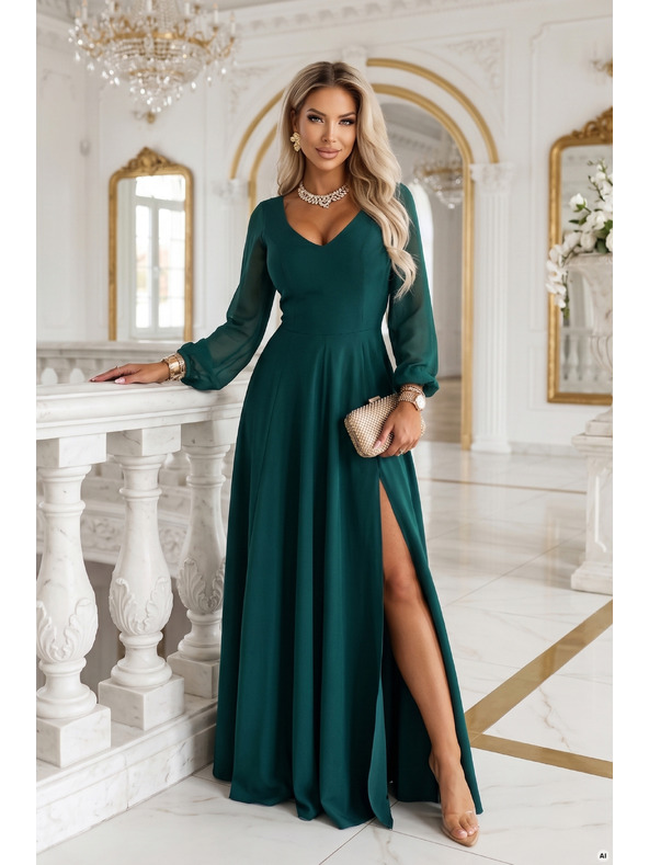 numoco LORETTA Изключителна дълга рокля с тюлени ръкави и деколте - зелена